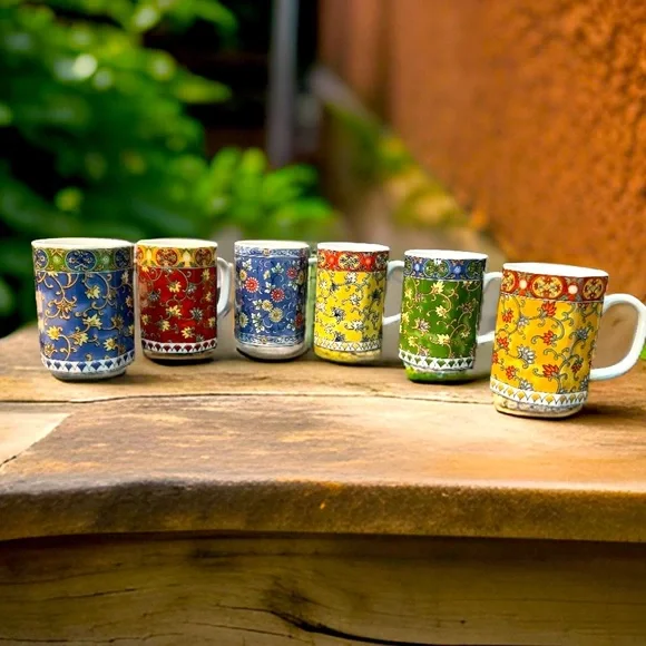 Set of Six (6) Vintage Paisley Print Octagonal Rim Glass Tea Coffee Mugs Cups - Picture 1 of 5